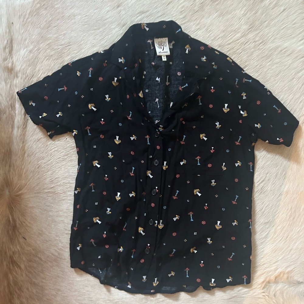 Self Esteem Black Casual Button Down Shirt with mushroom Print